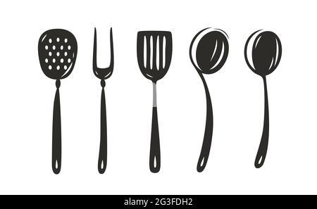 Set di utensili da cucina. Illustrazione vettoriale del concetto di cibo da cucina Illustrazione Vettoriale