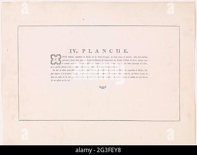 Spiegazione della Venere de' Medici, in due posizioni; IV Planche .. Foglio di testo con una spiegazione di lingua francese di una stampa con una rappresentazione della Venere de' Medici, un'antica scultura della dea Venere. È raffigurato in due posizioni, l'una intesa come immagine del soffitto e l'altra per un tappeto. Prima solo nella circonferenza disegnata con un grafometro. Foto Stock