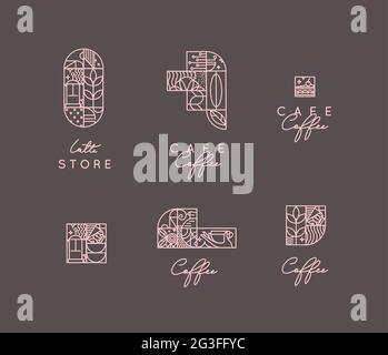 Set di creativi simboli art deco moderni in stile linea piatta disegnando su sfondo marrone. Illustrazione Vettoriale