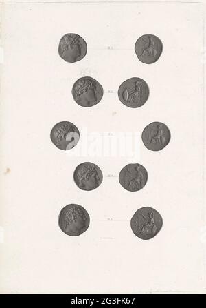 Monete romane. La parte anteriore e posteriore di cinque monete romane. Foto Stock