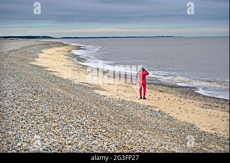 donna in rosso sulla spiaggia di sizewell che guarda verso il mare verso southwold con binocoli suffolk inghilterra Foto Stock