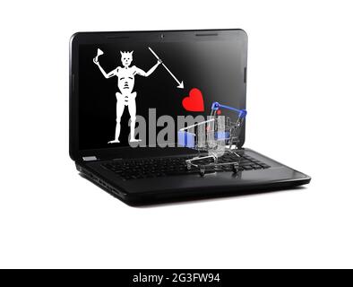 Isolato su laptop sfondo bianco con bandiera Blackbeard Pirate in esposizione, concetto di vendita shopping online Foto Stock