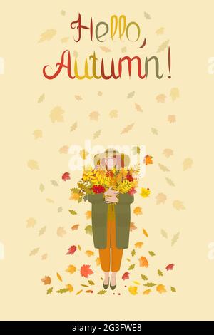 L'iscrizione Ciao autunno di foglie colorate, caduta di foglie, bella ragazza con un bouquet di acero, rowan e foglie di quercia. Cartolina o poster nel conce Illustrazione Vettoriale