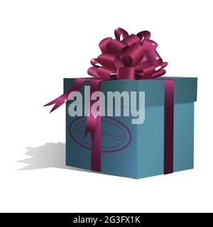 Scatola regalo blu quadrata con prua viola rossa e motivo decorativo su un lato. Isolato su sfondo bianco con ombra. Illustrazione vettoriale. Illustrazione Vettoriale