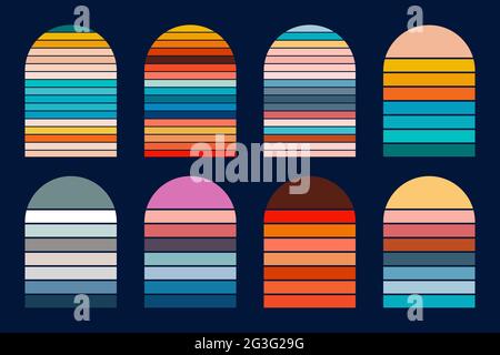 Tramonto retrò. Collezione di sole vintage nello stile degli anni '70. Illustrazione Vettoriale