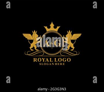 AG Letter Lion Royal Luxury Heraldic, Crest Logo template in arte vettoriale per ristoranti, Royalty, Boutique, Cafe, Hotel, Araldica, Gioielli, Moda e. Illustrazione Vettoriale