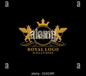 AD Letter Lion Royal Luxury Heraldic, Crest Logo template in arte vettoriale per Ristorante, Royalty, Boutique, Cafe, Hotel, Araldica, Gioielli, Moda e. Illustrazione Vettoriale