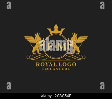 FM Letter Lion Royal Luxury Heraldic, modello con logo Crest in arte vettoriale per ristoranti, Royalty, Boutique, Cafe, Hotel, Araldica, Gioielli, Moda e. Illustrazione Vettoriale