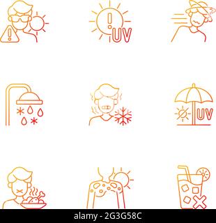Rischio di colpo di calore durante il gradiente estivo icone vettoriali lineari impostate Illustrazione Vettoriale