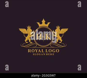 HK Letter Lion Royal Luxury Heraldic, Crest Logo template in arte vettoriale per Ristorante, Royalty, Boutique, Cafe, Hotel, Araldica, Gioielli, Moda e. Illustrazione Vettoriale