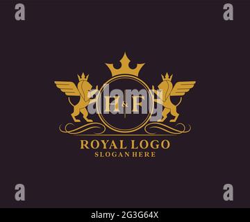 HF Letter Lion Royal Luxury Heraldic, modello con logo Crest in arte vettoriale per ristoranti, Royalty, Boutique, Cafe, Hotel, Araldica, Gioielli, Moda e. Illustrazione Vettoriale