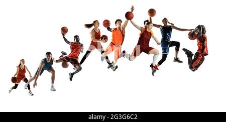 Collage di diversi sportivi professionisti, fit persone in azione e movimento isolato su sfondo bianco. Volantino. Foto Stock