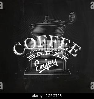 Poster caffè scritta pausa caffè in stile vintage disegno con gesso sulla lavagna Illustrazione Vettoriale