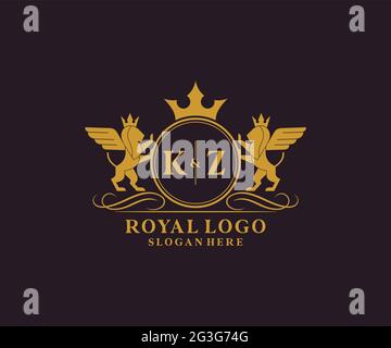 KZ Letter Lion Royal Luxury Heraldic, Crest Logo template in arte vettoriale per ristoranti, Royalty, Boutique, Cafe, Hotel, Araldica, Gioielli, Moda e. Illustrazione Vettoriale
