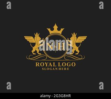 NH Letter Lion Royal Luxury Heraldic, Crest Logo template in arte vettoriale per Ristorante, Royalty, Boutique, Cafe, Hotel, Araldica, Gioielli, Moda e. Illustrazione Vettoriale