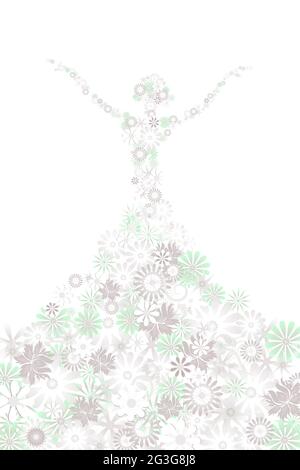 Silhouette di una ragazza composta da molti fiori su sfondo bianco. Illustrazione vettoriale. Illustrazione Vettoriale