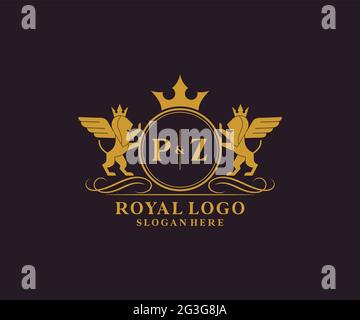 PZ Letter Lion Royal Luxury Heraldic, Crest Logo template in arte vettoriale per ristoranti, Royalty, Boutique, Cafe, Hotel, Araldica, Gioielli, Moda e. Illustrazione Vettoriale