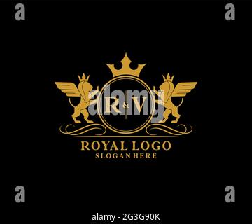 RV Letter Lion Royal Luxury Heraldic, Crest Logo template in arte vettoriale per Ristorante, Royalty, Boutique, Cafe, Hotel, Araldica, Gioielli, Moda e. Illustrazione Vettoriale