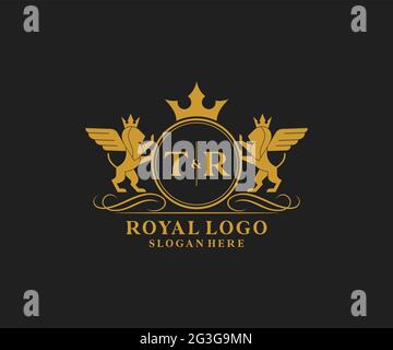 TR Letter Lion Royal Luxury Heraldic, modello con logo Crest in arte vettoriale per ristoranti, Royalty, Boutique, Cafe, Hotel, Araldica, Gioielli, Moda e. Illustrazione Vettoriale