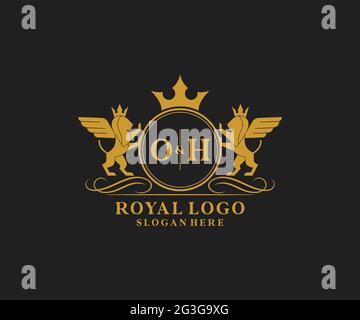 OH Letter Lion Royal Luxury Heraldic, Crest Logo template in arte vettoriale per Ristorante, Royalty, Boutique, Cafe, Hotel, Araldica, Gioielli, Moda e. Illustrazione Vettoriale