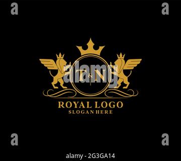 TN Letter Lion Royal Luxury Heraldic, Crest Logo template in arte vettoriale per Ristorante, Royalty, Boutique, Cafe, Hotel, Araldica, Gioielli, Moda e. Illustrazione Vettoriale