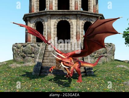 Rendering 3D di un drago da fiaba e di una torre medievale Foto Stock