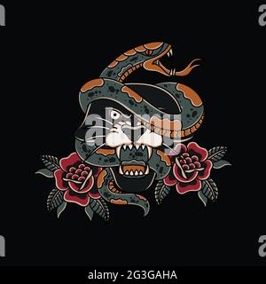 Illustrazione vettore serpente avvolto testa di leone con rose in stile tatuaggio tradizionale Illustrazione Vettoriale