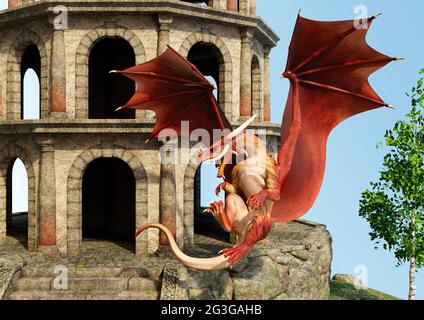Rendering 3D di un drago da fiaba e di una torre medievale Foto Stock