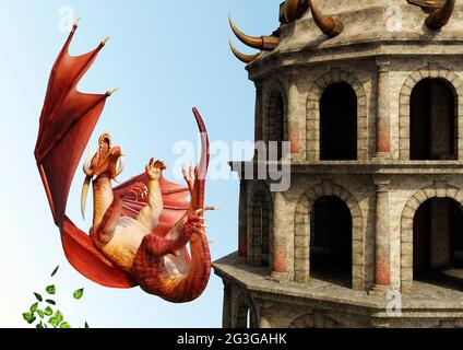 Rendering 3D di un drago da fiaba e di una torre medievale Foto Stock