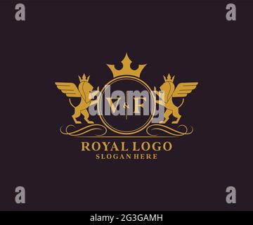 VF Letter Lion Royal Luxury Heraldic, Crest Logo template in arte vettoriale per Ristorante, Royalty, Boutique, Cafe, Hotel, Araldica, Gioielli, Moda e. Illustrazione Vettoriale