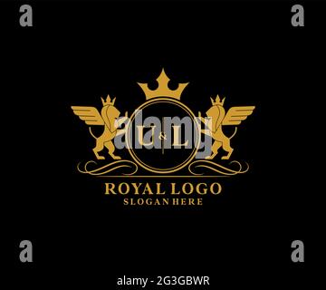 UL Letter Lion Royal Luxury Heraldic, modello con logo Crest in arte vettoriale per ristoranti, Royalty, Boutique, Cafe, Hotel, Araldica, Gioielli, Moda e. Illustrazione Vettoriale