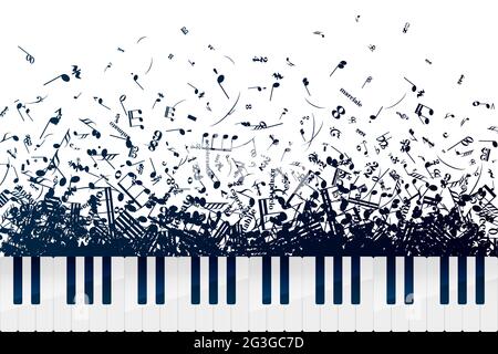Un sacco di note musicali e segni in caotico mucchio con tastiera a piano su bianco Illustrazione Vettoriale