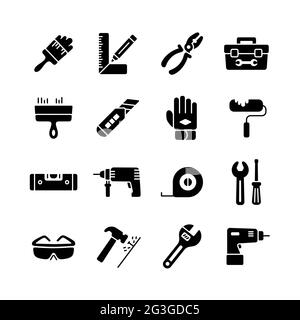Icone glyph degli strumenti di costruzione e riparazione domestica. Simbolo grafico per il design del sito Web, il logo, l'app, l'interfaccia utente. Illustrazione vettoriale, EPS10. Illustrazione Vettoriale