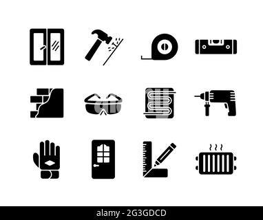 Set di costruzione di edifici e le icone di riparazione casa glifo. Simbolo grafico per il design del sito Web, il logo, l'app, l'interfaccia utente. Illustrazione vettoriale, EPS10. Illustrazione Vettoriale