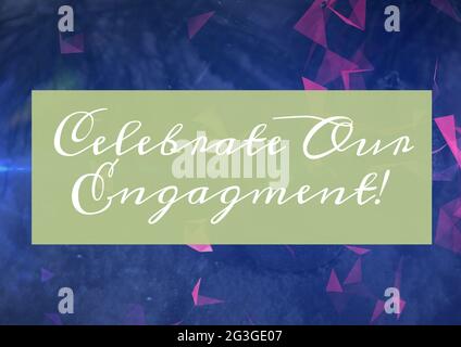 Celebra il nostro impegno su banner verde con forme geometriche astratte su sfondo blu Foto Stock
