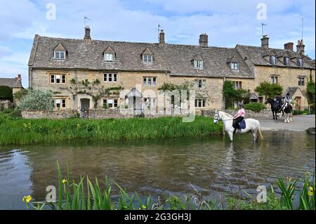 Cavalli su un hack nel pittoresco villaggio di Cotswold di Lower Slaughter nel River Eye che scorre attraverso il centro del villaggio. Foto Stock