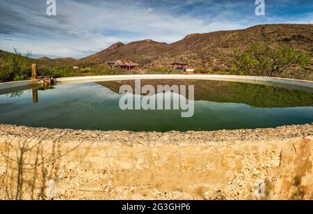 Serbatoio d'acqua in primavera, Tres Papalotes, campeggio nell'area di El Solitario, cupola vulcanica crollata ed erosa, Big Bend Ranch state Park, Texas, USA Foto Stock