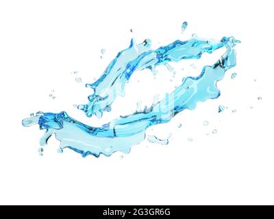 illustrazione 3d di schizzi d'acqua blu su sfondo bianco con tracciato di ritaglio Foto Stock