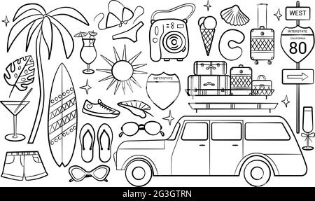 Set di elementi di design da viaggio per il doodle. Doodles di viaggio e vacanze disegnati a mano, perfetti per la strada estiva e per i volantini e i poster di viaggio brach. Illustrazione Vettoriale