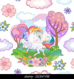 Modello senza cuciture con unicorno sognante in un magico giardino fiorito su sfondo bianco. Illustrazione vettoriale per stampa, festa, sfondo, design, deco Illustrazione Vettoriale