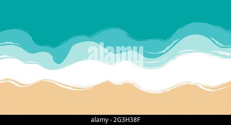 Spiaggia, sabbia, mare con onde azzurre. Vista dall'alto della costa, vista aerea. Oceano, sfondo marino. Illustrazione vettoriale disegnata a mano. Illustrazione Vettoriale
