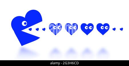 Concetto di datazione - cuore grande Pacman a caccia di piccoli cuori Foto Stock