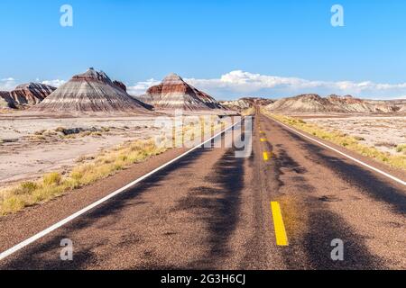 La remota strada nel cuore del Parco Nazionale della Foresta pietrificata mostra lo splendido paesaggio montano del deserto dipinto durante gli sceni Foto Stock