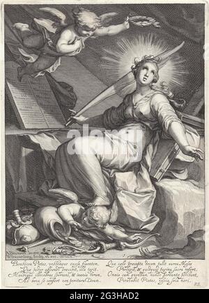 Pietà. Una donna è seduta come personificazione della pietà con due pietre che mangiano con i dieci comandamenti su di essa. Intorno alla sua testa può essere visto e nella sua mano destra ha un ramo di palma. Ci sono alcuni libri dietro di lei. Un putto la corona con una corona di alloro e con il suo piede viaggia un altro putto che si trova con un sacco di soldi. Sotto lo spettacolo c'è un testo latino a otto righe con una descrizione della performance e della virtù in generale. Foto Stock