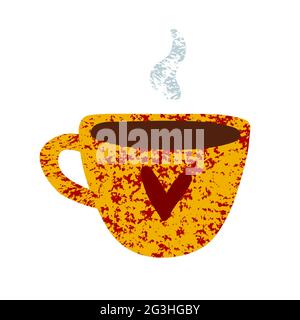 Tazza carina con caffè caldo. Tazza disegnata a mano con tè, caffè isolato su sfondo bianco. Tessuto giallo Bordeaux, cuore rosso, vapore. Adesivo vettoriale accogliente Illustrazione Vettoriale