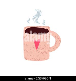Tazza carina con caffè caldo. Tazza disegnata a mano con tè, caffè isolato su sfondo bianco. Texture beige, cuore rosa, vapore. Adesivo vettoriale accogliente. Buona mo Illustrazione Vettoriale
