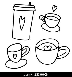 Set di tazze da caffè Doodle. Deliziosa bevanda calda isolata su sfondo bianco. Contorni tè, latte, cappuccino, americano, espresso, caffè per andare tazza con hea Illustrazione Vettoriale