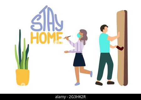 Concetto di soggiorno a casa. Cartoon persone in quarantena. Donna in maschera medica protettiva, l'uomo chiude la porta isolata su sfondo bianco. Arrestare il coronavirus Illustrazione Vettoriale
