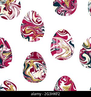 Motivo a forma di uova in marmo senza cuciture. Tessuto liquido simbolo di pasqua felice. Dipinto in rosa, rosso, uovo blu con glitter oro isolato su sfondo bianco Illustrazione Vettoriale