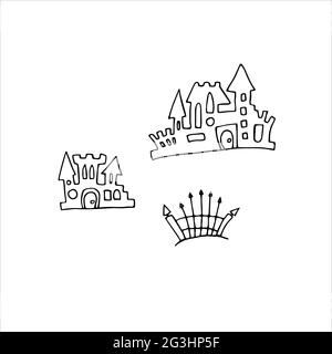 Set di castelli vettoriali Doodle. Case disegnate a mano isolate su sfondo bianco. Torri di contorno per stampe per bambini, Halloween, abbigliamento. Castello di Cartoon Illustrazione Vettoriale